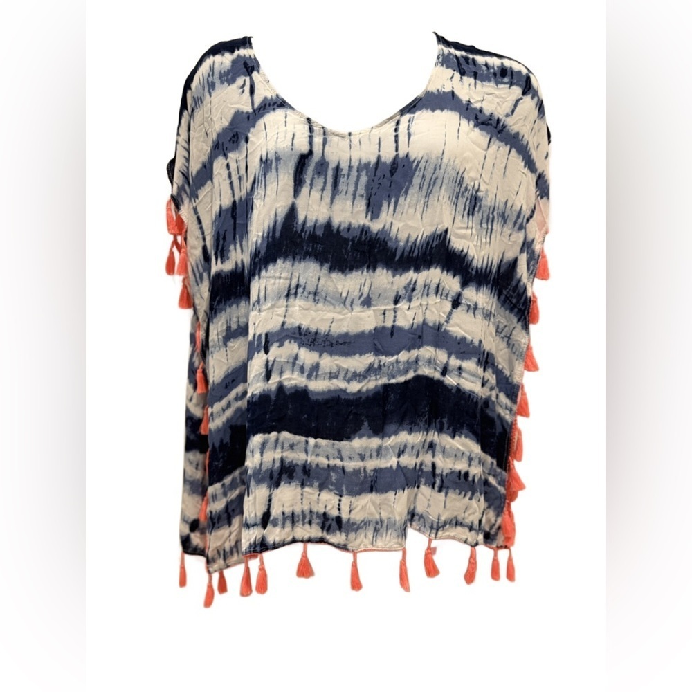 Navy and Cream Tie-Dye Swim Cover-Up with Coral Tassels